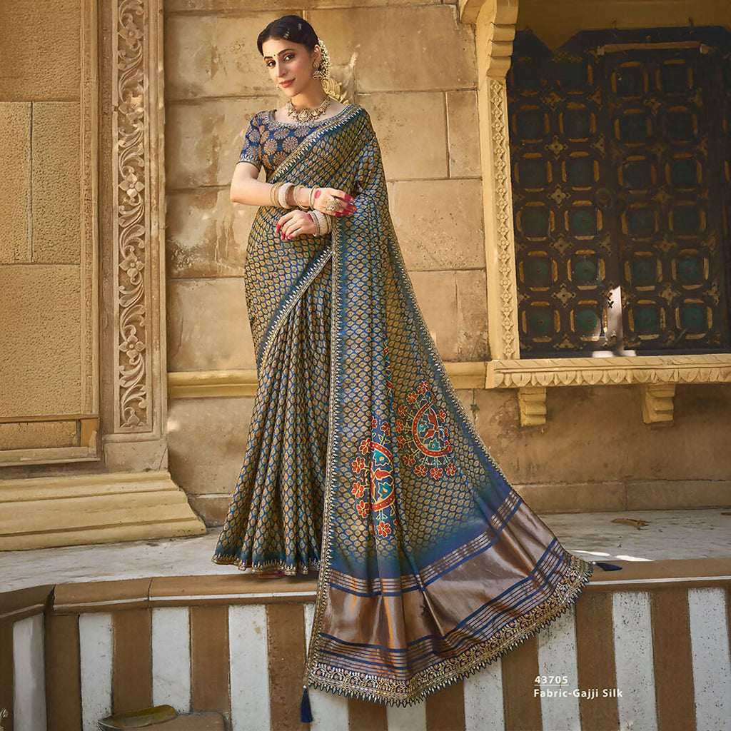 Navy Blue Gajji Silk Gota With Handwork Saree With Unstitched Blouse - Norita Gajri | Grocsy