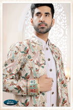 Joban Fashion Men's White Straight Silk Thread And Sequence Embroidery All Over 3 Pc Kurta Set | Grocsy