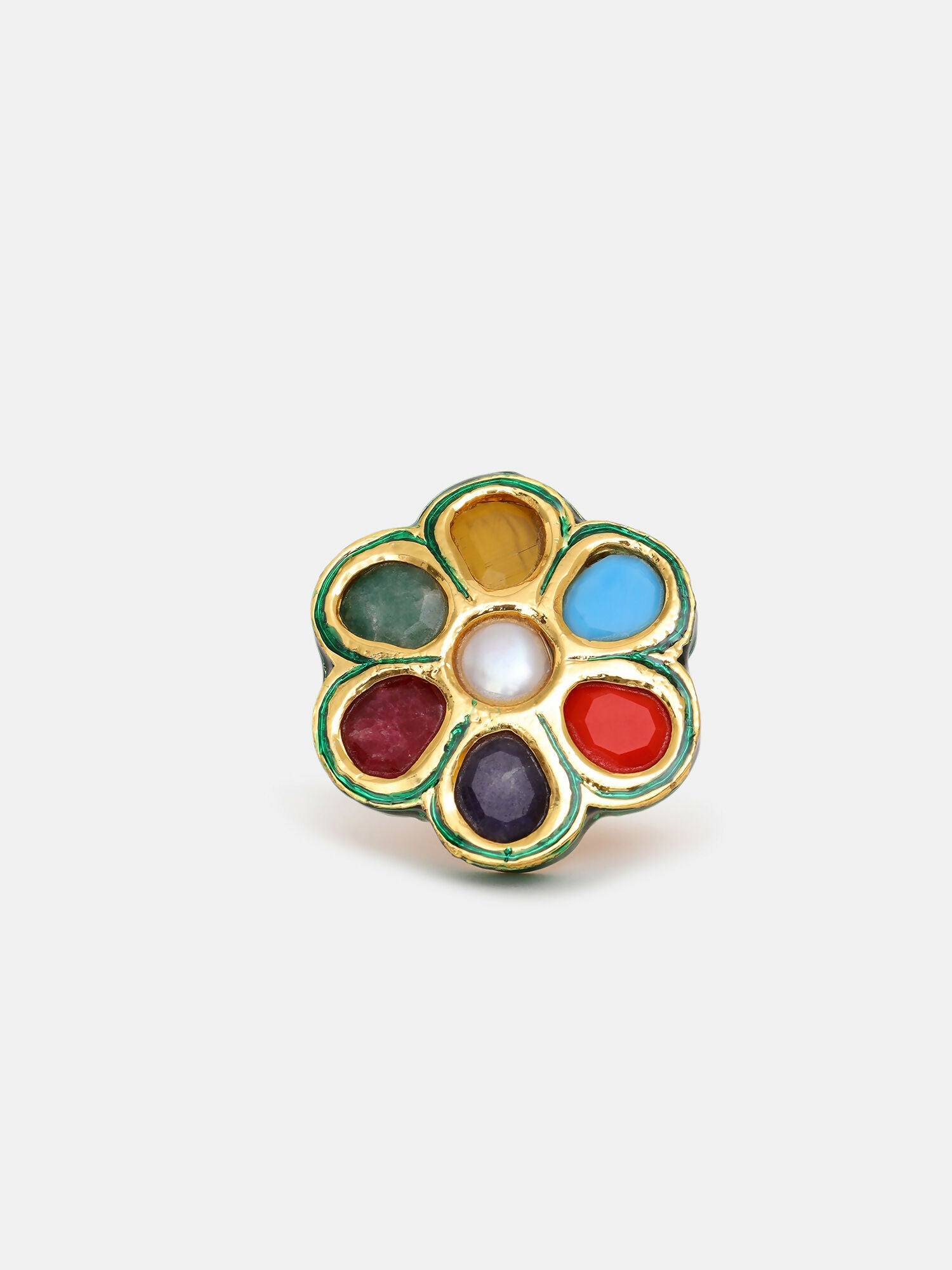 Ruby Raang Gold Polished Multi-Color Navratan Cocktail Ring | Grocsy
