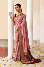 Joban Fashion Nude Pink Crepe Chiffon Pure Handloom Banarasi Silk Saree | Grocsy