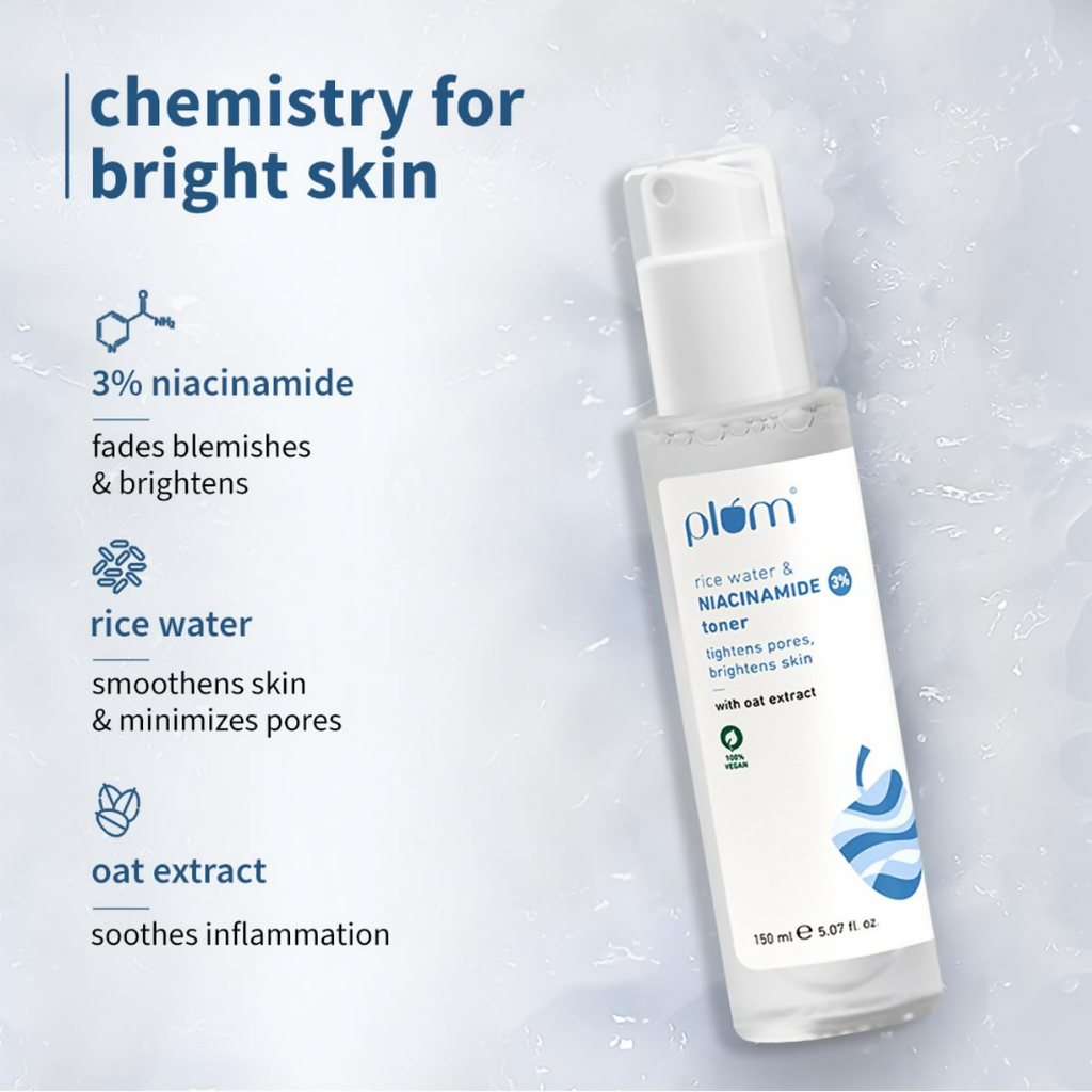 Plum 3% Niacinamide & Rice Water Face Toner - Reduces Pores & Blemishes For Bright Skin | Grocsy