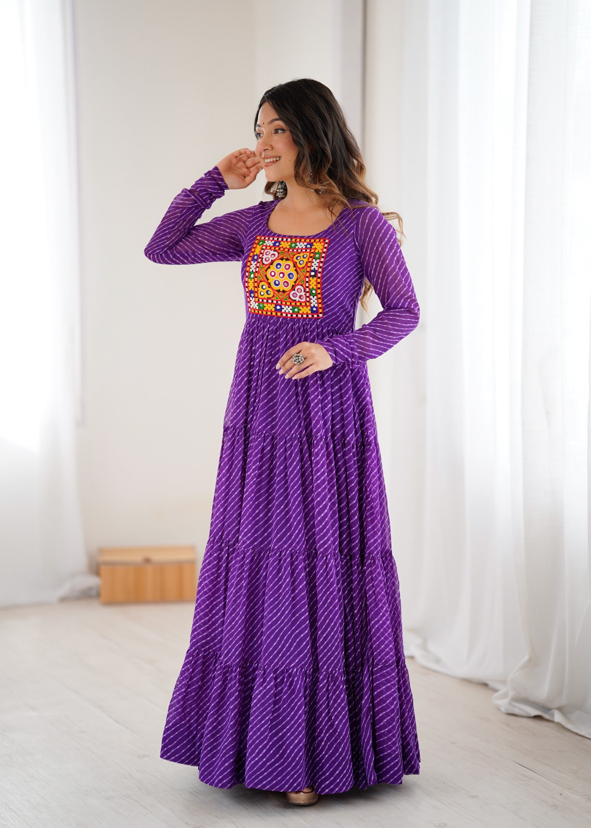 Lorenvalley Fashion Women Pure Soft Faux Georgette Leheriya Print Anarkali Gown | Grocsy