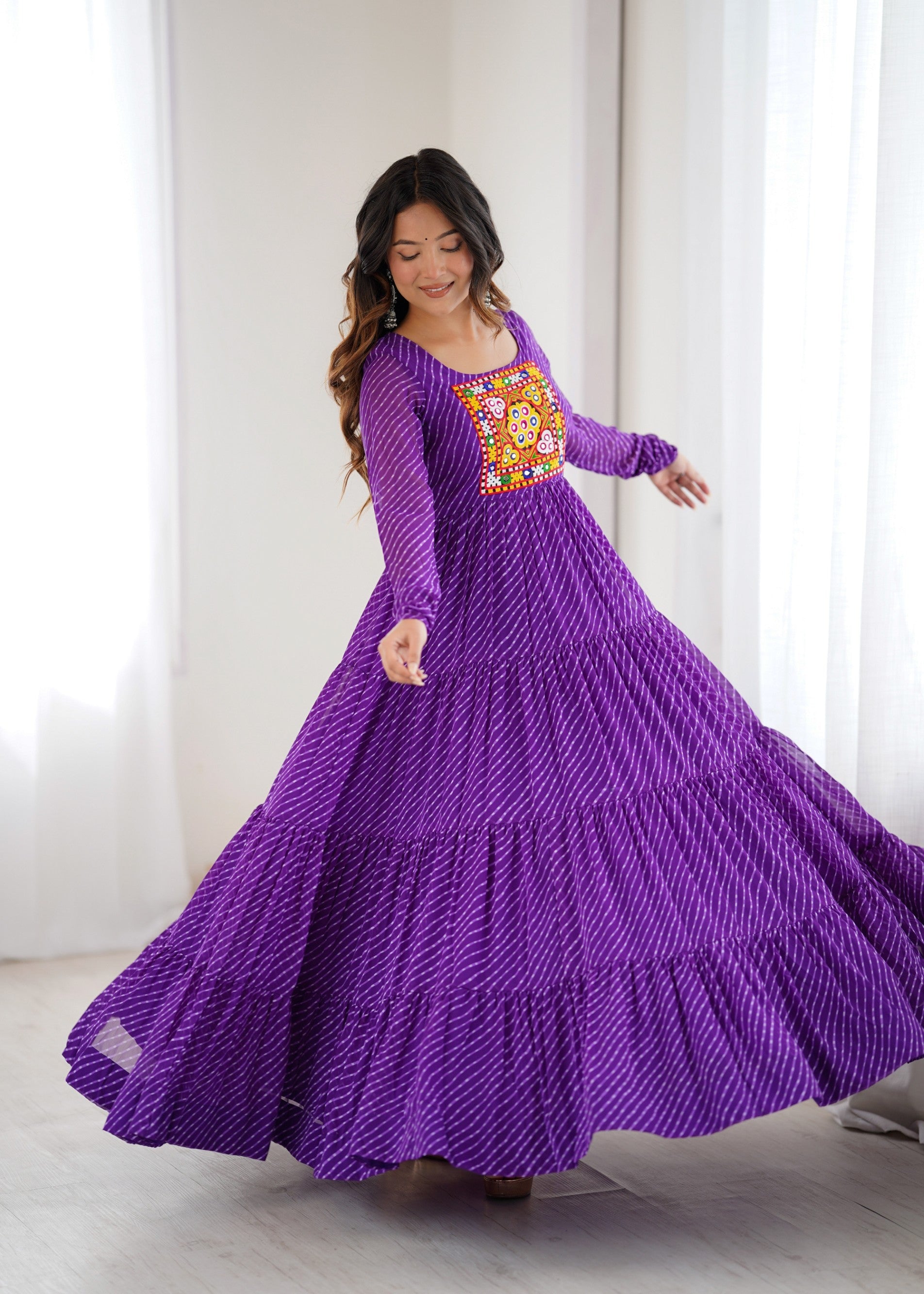 Lorenvalley Fashion Women Pure Soft Faux Georgette Leheriya Print Anarkali Gown | Grocsy