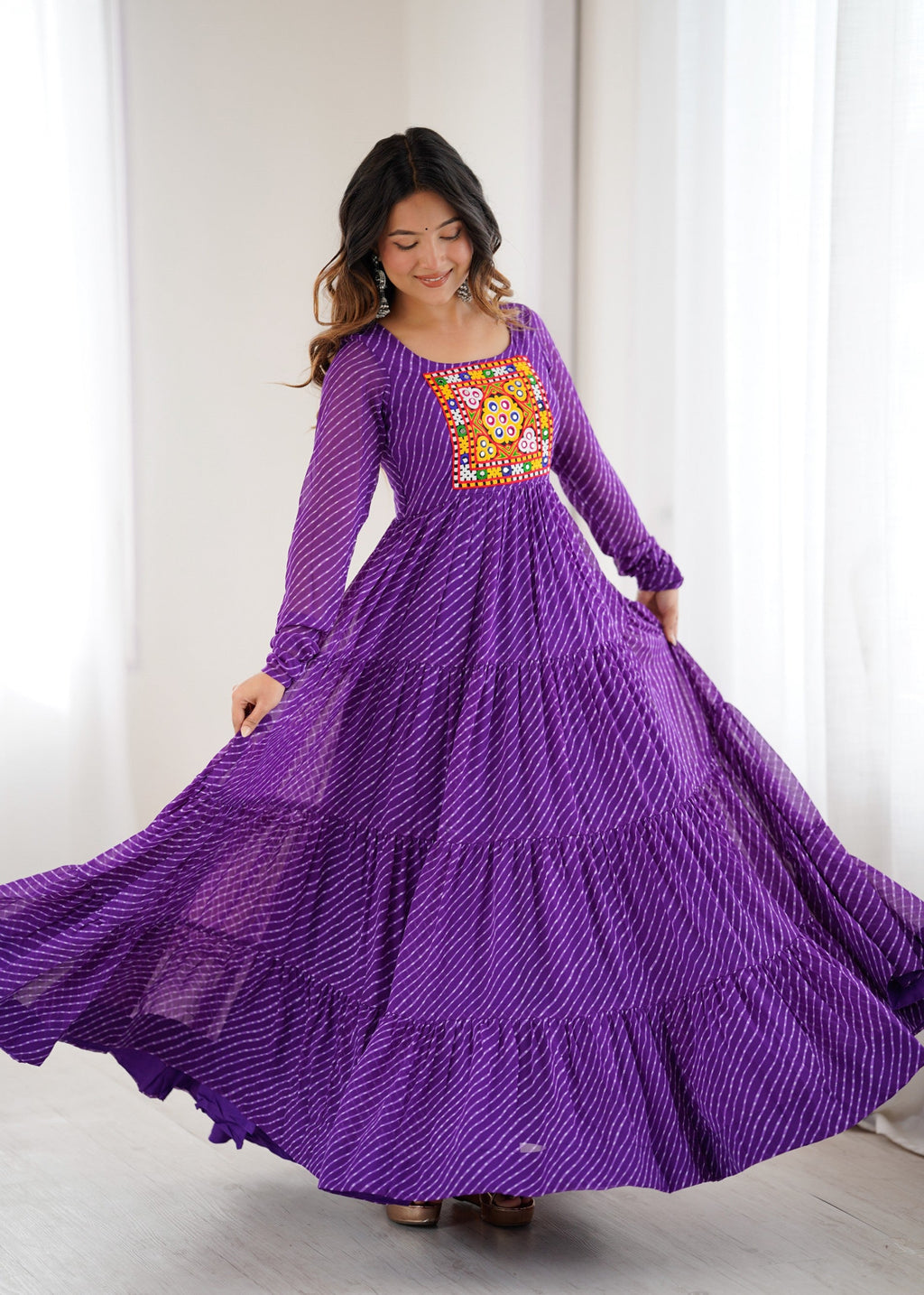 Lorenvalley Fashion Women Pure Soft Faux Georgette Leheriya Print Anarkali Gown | Grocsy