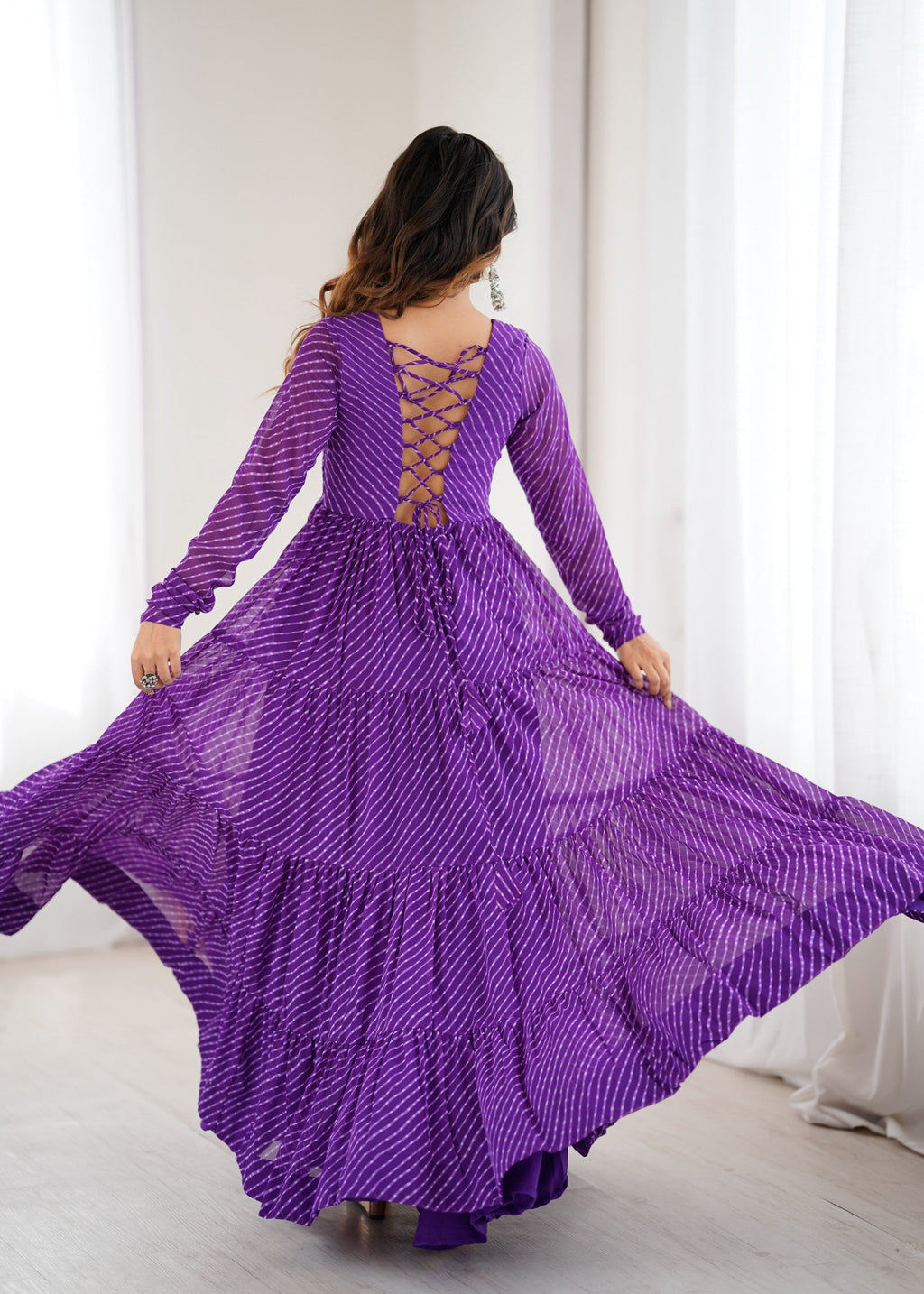 Lorenvalley Fashion Women Pure Soft Faux Georgette Leheriya Print Anarkali Gown | Grocsy