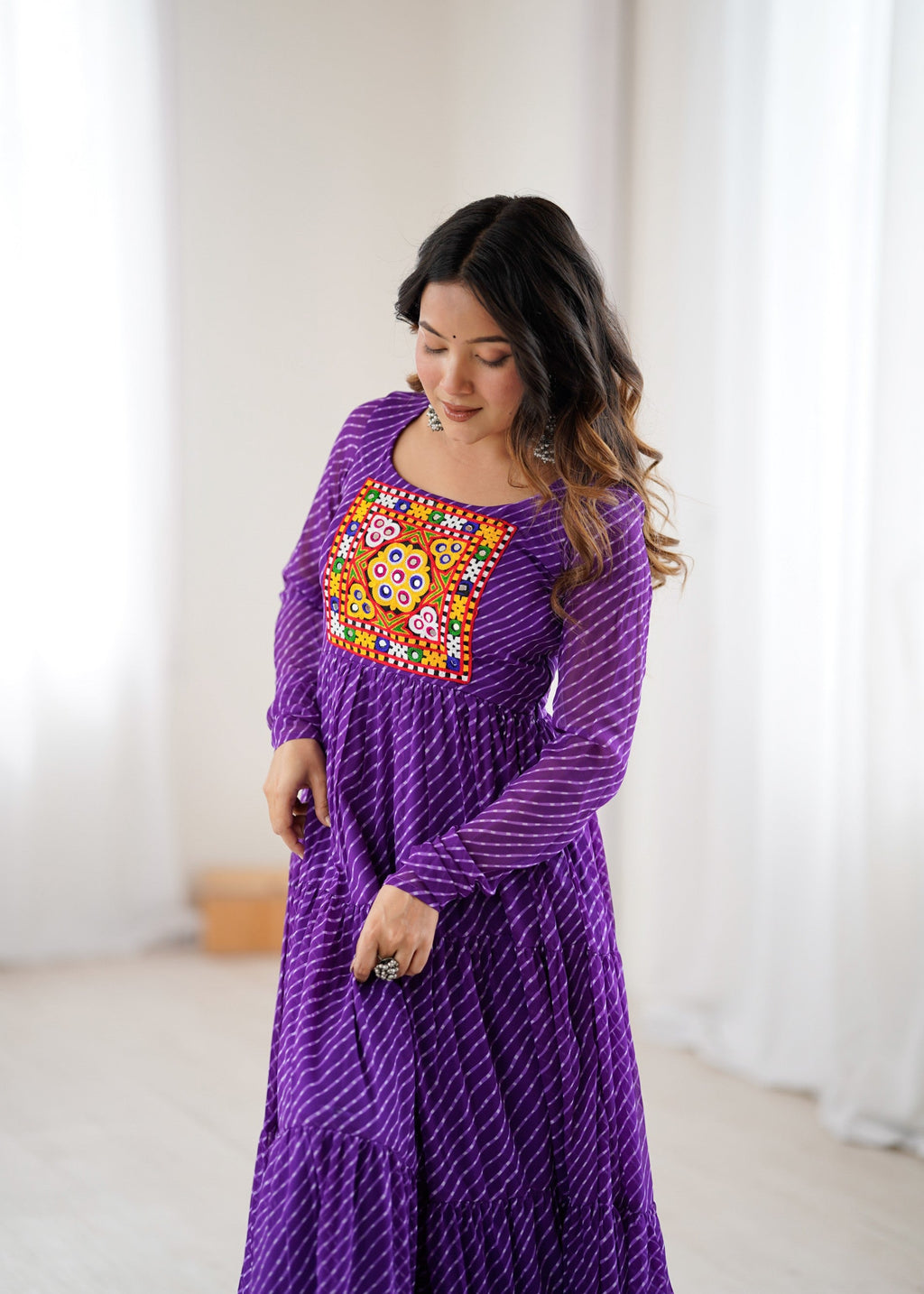 Lorenvalley Fashion Women Pure Soft Faux Georgette Leheriya Print Anarkali Gown | Grocsy