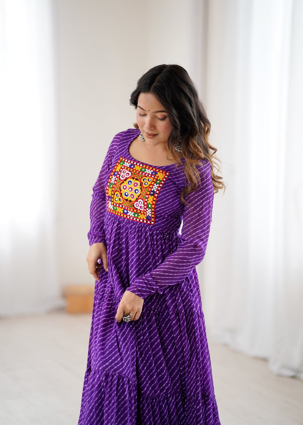 Lorenvalley Fashion Women Pure Soft Faux Georgette Leheriya Print Anarkali Gown | Grocsy