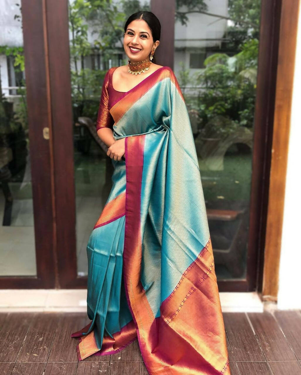 DEIANA'S Beautiful Designer Golden zari Soft Lichi Silk Saree - Sky Blue | Grocsy