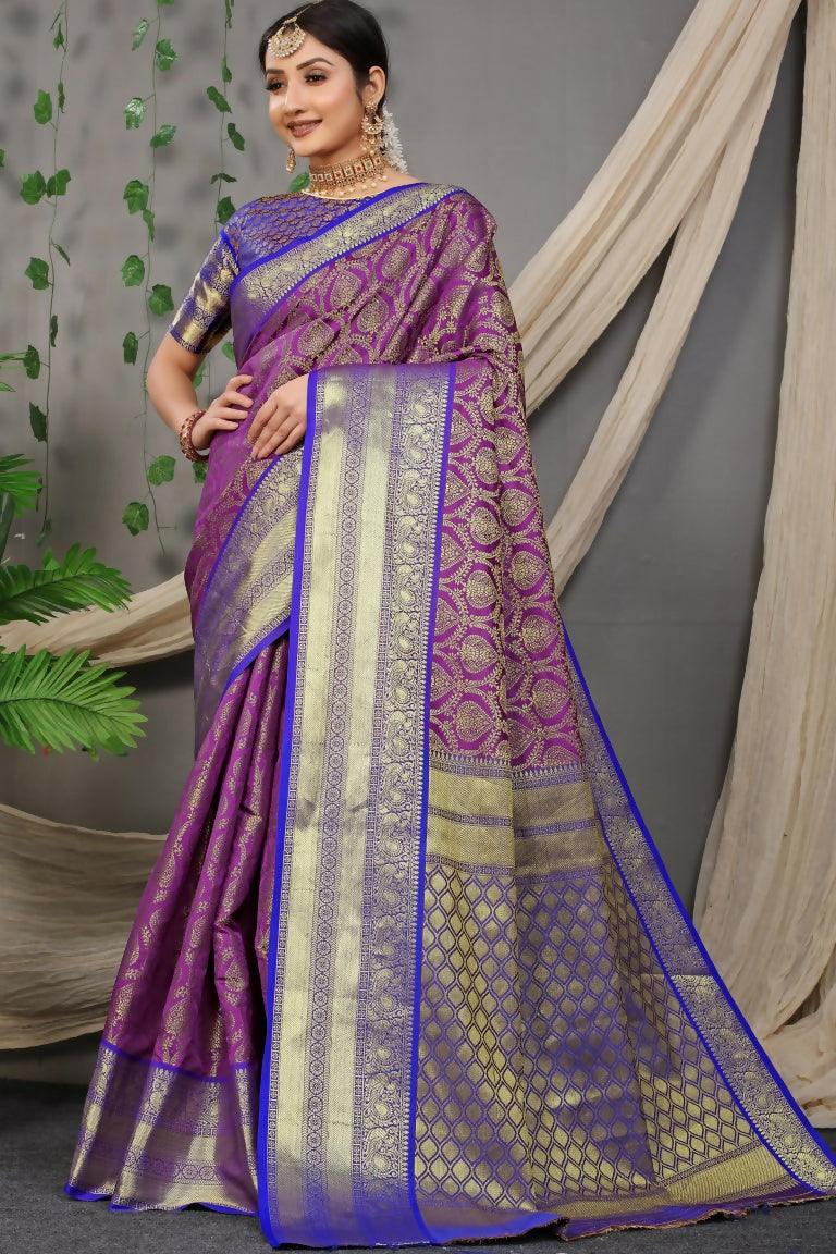 Jyoti Fashion Women's Purple Kanjivaram Silk Zari Woven Saree with Blouse | Grocsy