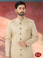 Joban Fashion Men's Beige Straight Swed Velvet Self-Design In Fabric Indo-Western Kurta Set | Grocsy
