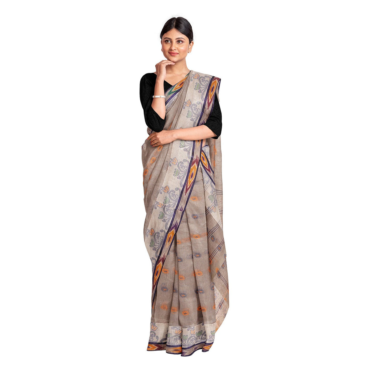 Exclusive Collection 100% Pure Cotton Beige Tant Saree With Hand Weaving Work | Grocsy