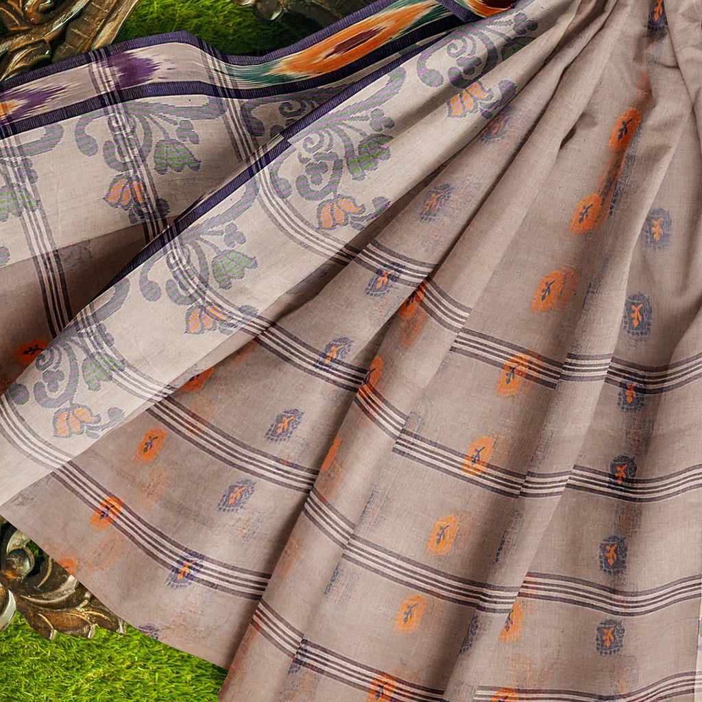 Exclusive Collection 100% Pure Cotton Beige Tant Saree With Hand Weaving Work | Grocsy