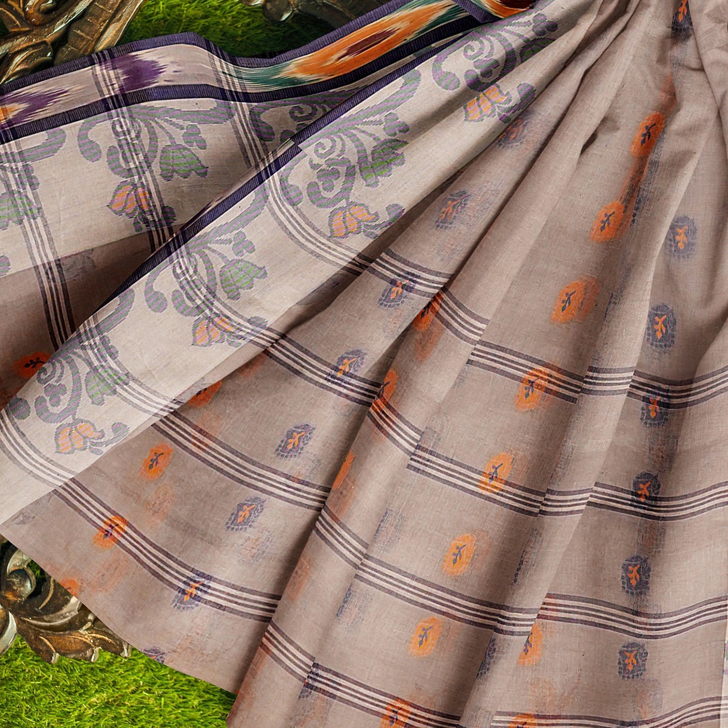 Exclusive Collection 100% Pure Cotton Beige Tant Saree With Hand Weaving Work | Grocsy