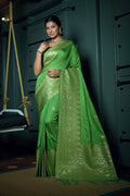 Vardha Slime Green Golden Zari Banarasi Silk Saree | Grocsy