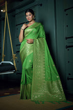 Vardha Slime Green Golden Zari Banarasi Silk Saree | Grocsy