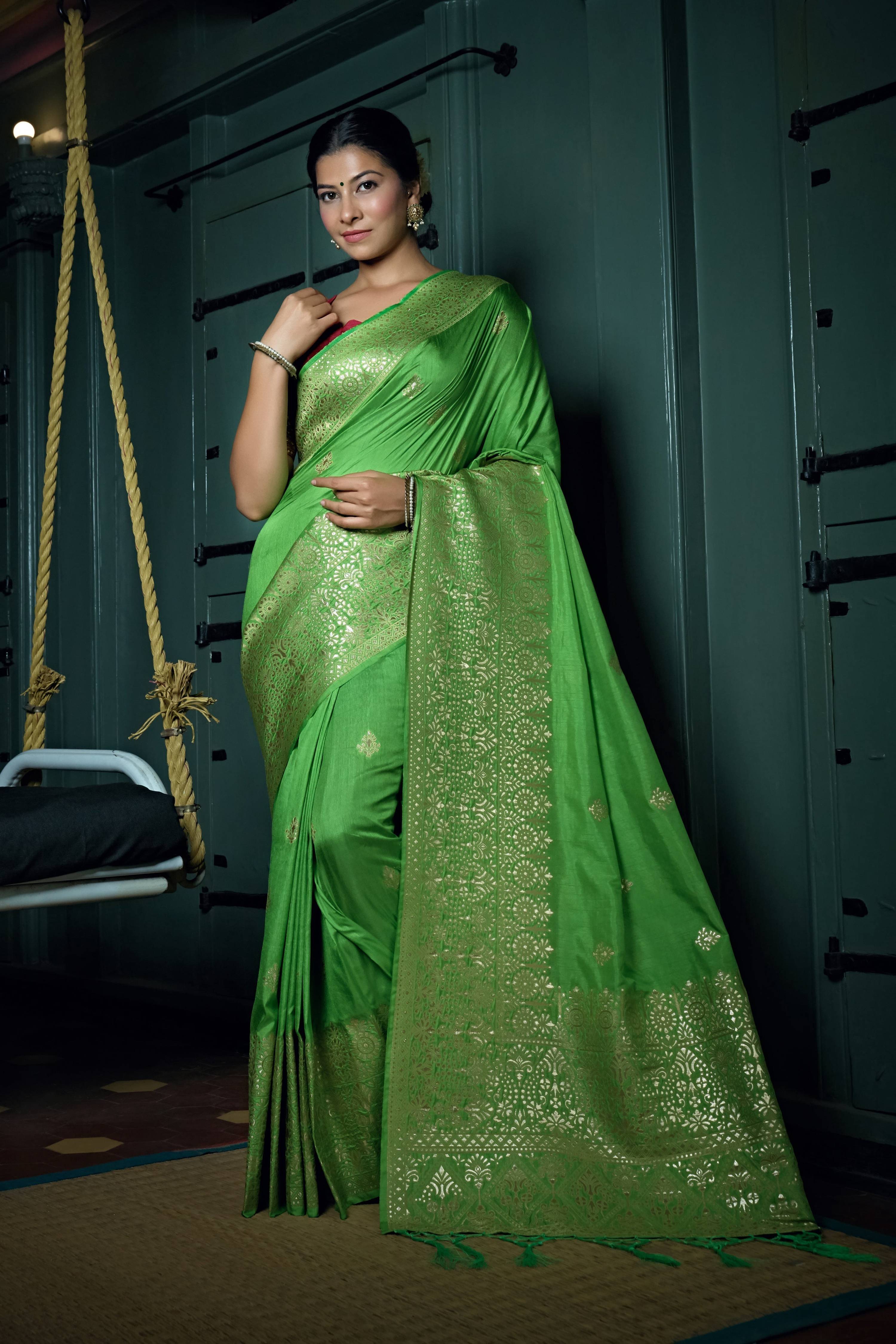 Vardha Slime Green Golden Zari Banarasi Silk Saree | Grocsy