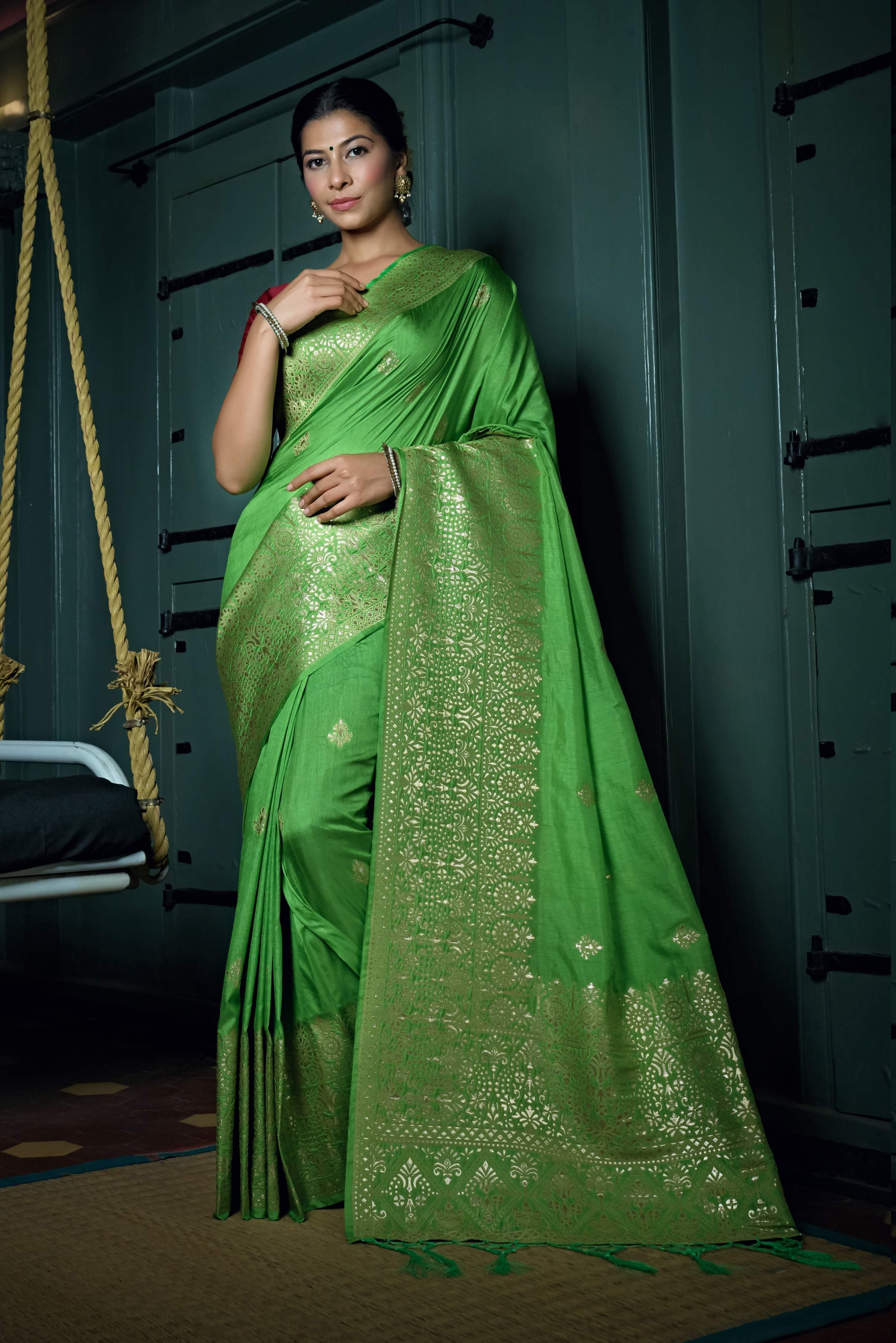 Vardha Slime Green Golden Zari Banarasi Silk Saree | Grocsy