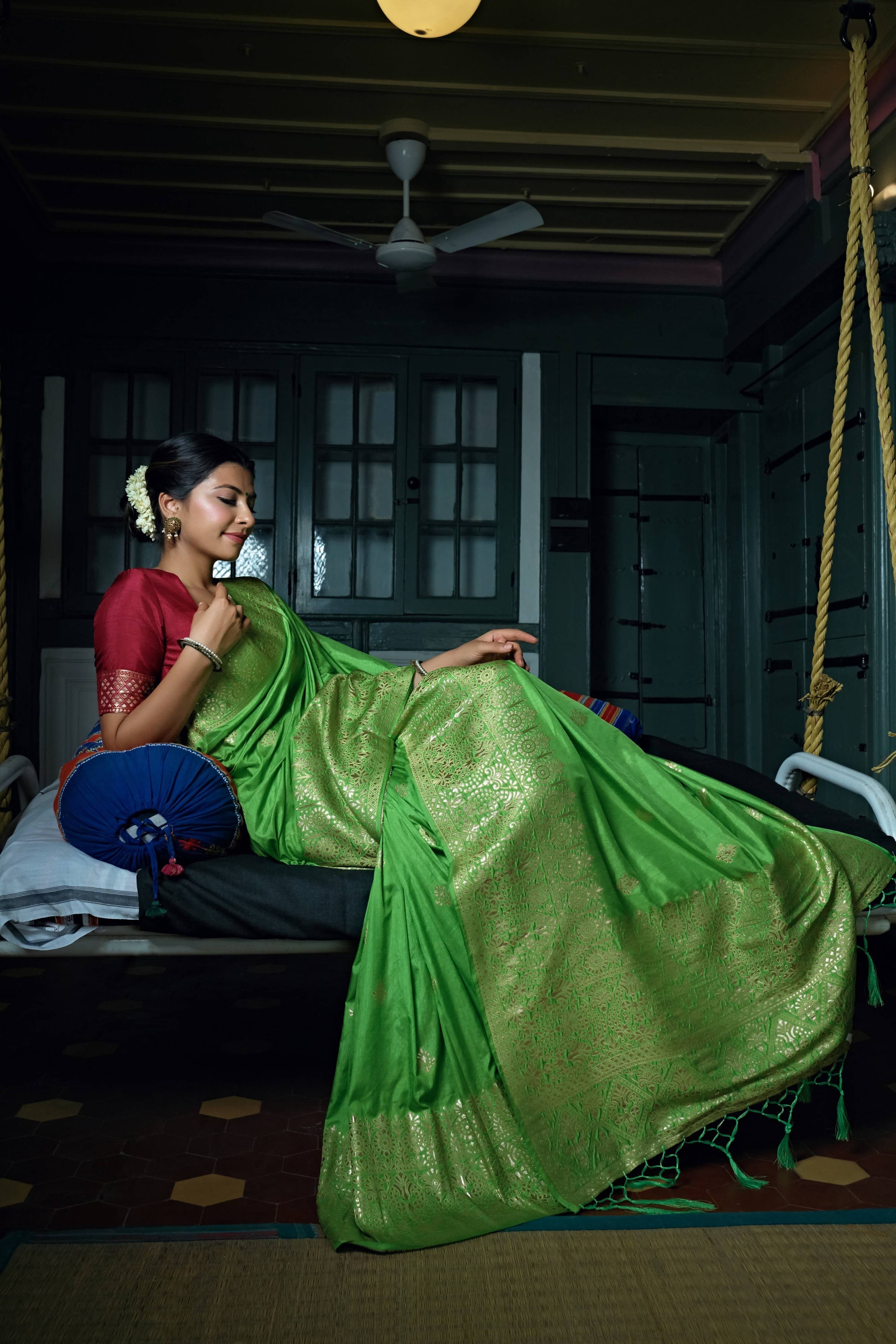 Vardha Slime Green Golden Zari Banarasi Silk Saree | Grocsy