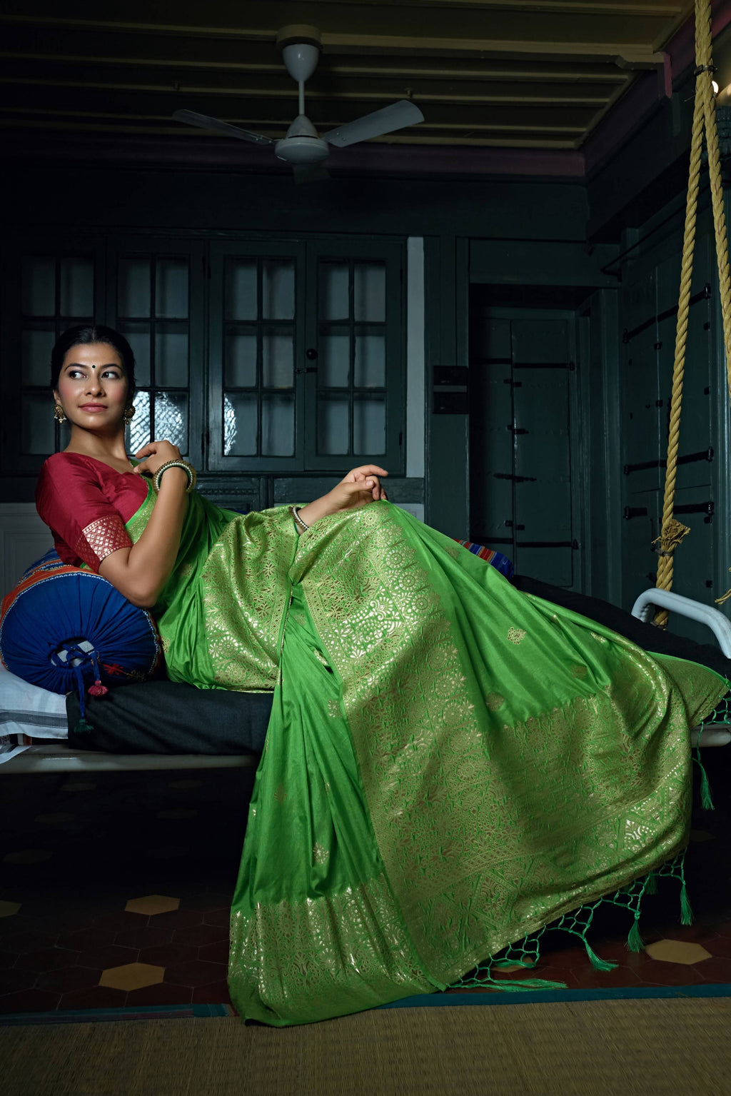 Vardha Slime Green Golden Zari Banarasi Silk Saree | Grocsy