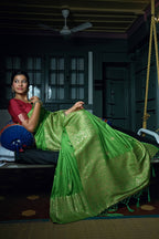 Vardha Slime Green Golden Zari Banarasi Silk Saree | Grocsy