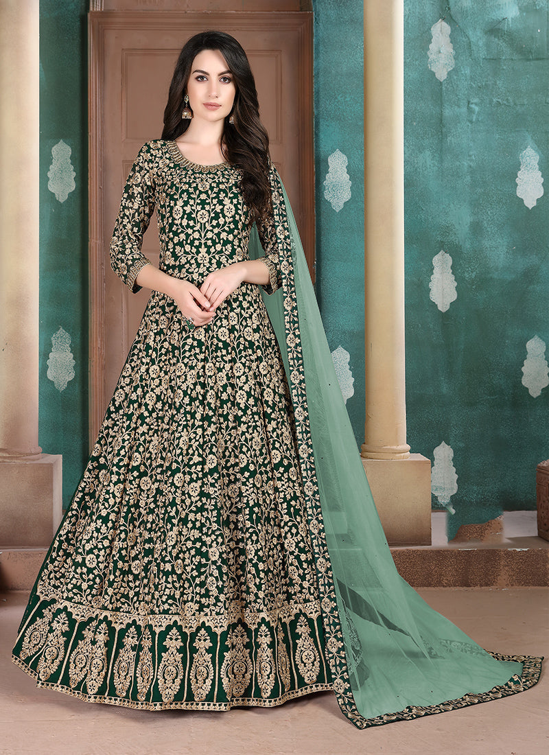 Monjolika Fashion Dark Green Georgette Embroidered Salwar Kameez | Grocsy