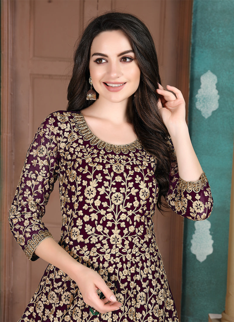 Monjolika Fashion Dark Purple Georgette Embroidered Salwar Kameez | Grocsy