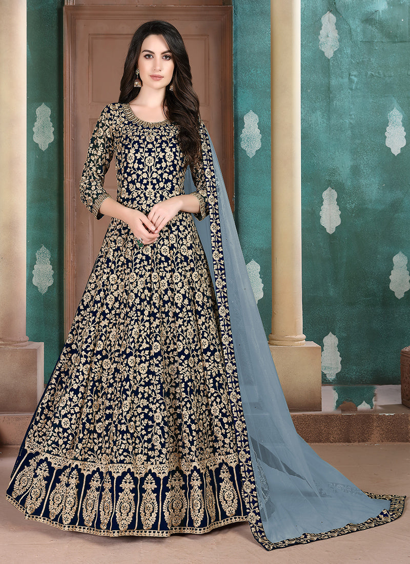Monjolika Fashion Dark Blue Georgette Embroidered Salwar Kameez | Grocsy