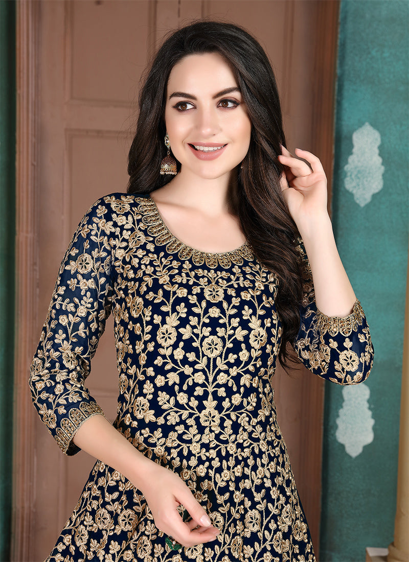 Monjolika Fashion Dark Blue Georgette Embroidered Salwar Kameez | Grocsy
