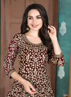 Monjolika Fashion Maroon Georgette Embroidered Salwar Kameez | Grocsy