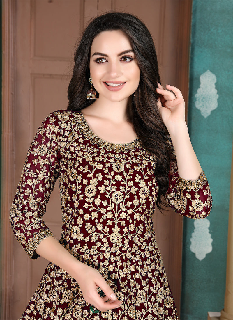 Monjolika Fashion Maroon Georgette Embroidered Salwar Kameez | Grocsy