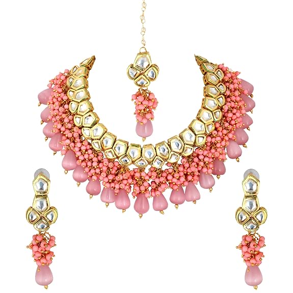 Tehzeeb Creations Meenakari Gold-Polished pentagon shape Uncut Kundan Necklace Set | Grocsy