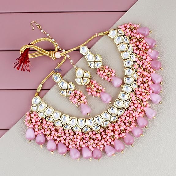 Tehzeeb Creations Meenakari Gold-Polished pentagon shape Uncut Kundan Necklace Set | Grocsy