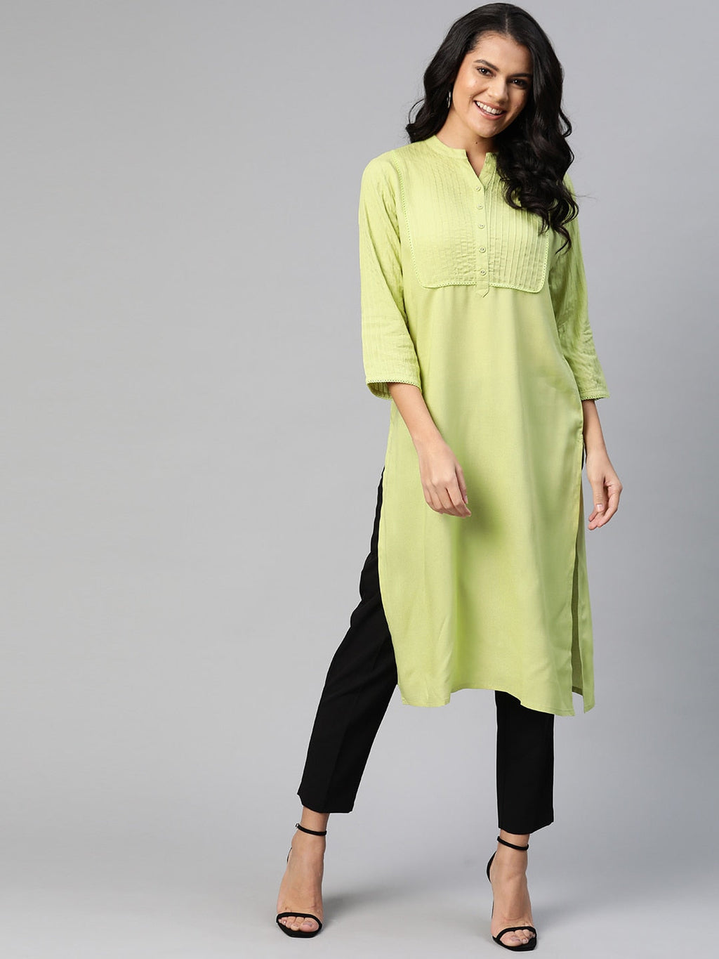 HERE&NOW Women Green Pintuck Yoke Design Straight Kurta | Grocsy