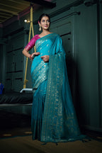 Vardha Sapphire Blue Golden Zari Banarasi Silk Saree | Grocsy