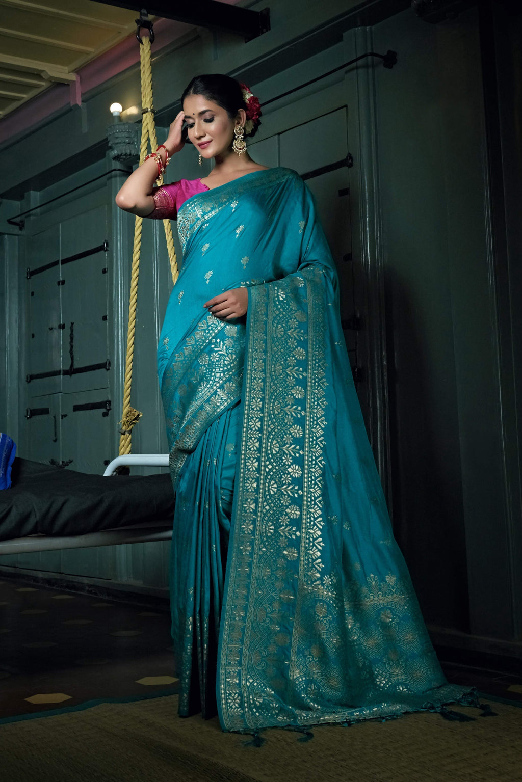 Vardha Sapphire Blue Golden Zari Banarasi Silk Saree | Grocsy