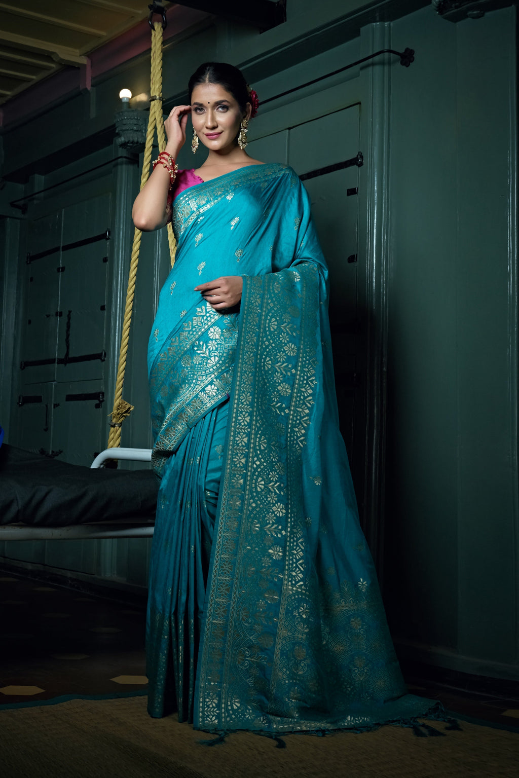 Vardha Sapphire Blue Golden Zari Banarasi Silk Saree | Grocsy