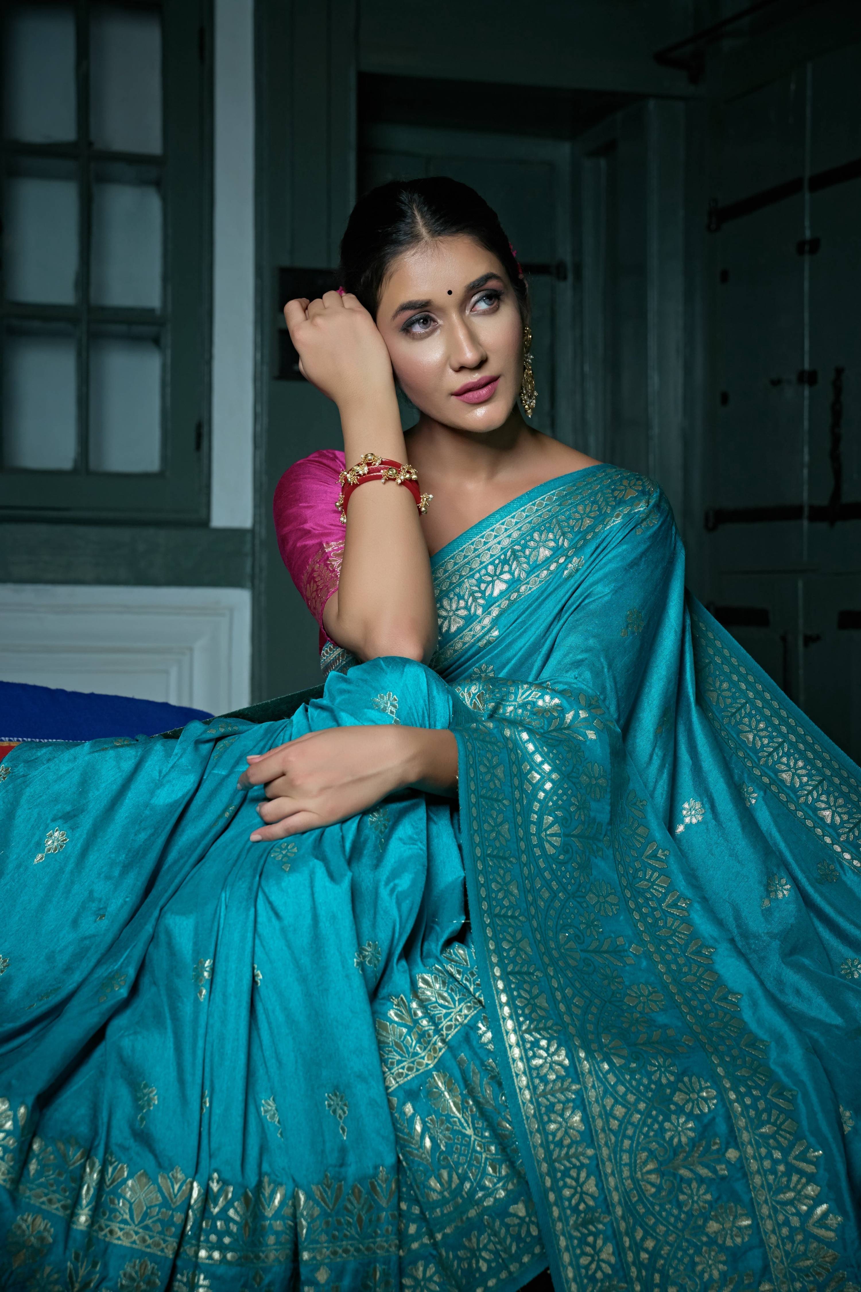 Vardha Sapphire Blue Golden Zari Banarasi Silk Saree | Grocsy