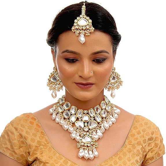Tehzeeb Creations Meenakari Gold-Polished White color pentagon shape Uncut Kundan Combo Necklace Set | Grocsy