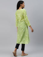 ADA Women Green & White Ethnic Motifs Chikankari Hand Embroidered Sustainable Kurta | Grocsy