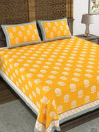 BLOCKS OF INDIA Yellow Ethnic Motifs Cotton 210 TC Super King Bedsheet & 2 Pillow Covers | Grocsy