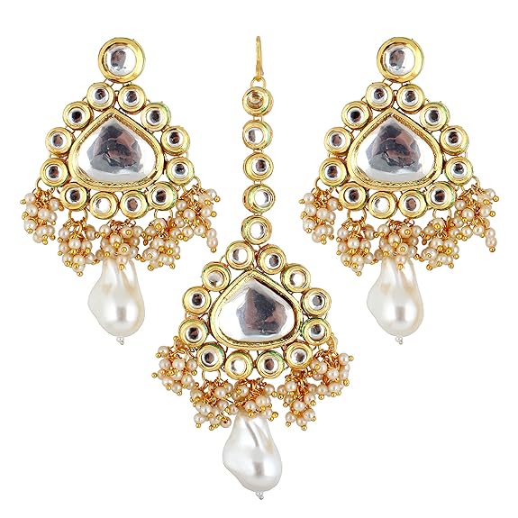 Tehzeeb Creations Meenakari Gold-Polished White color pentagon shape Uncut Kundan Combo Necklace Set | Grocsy