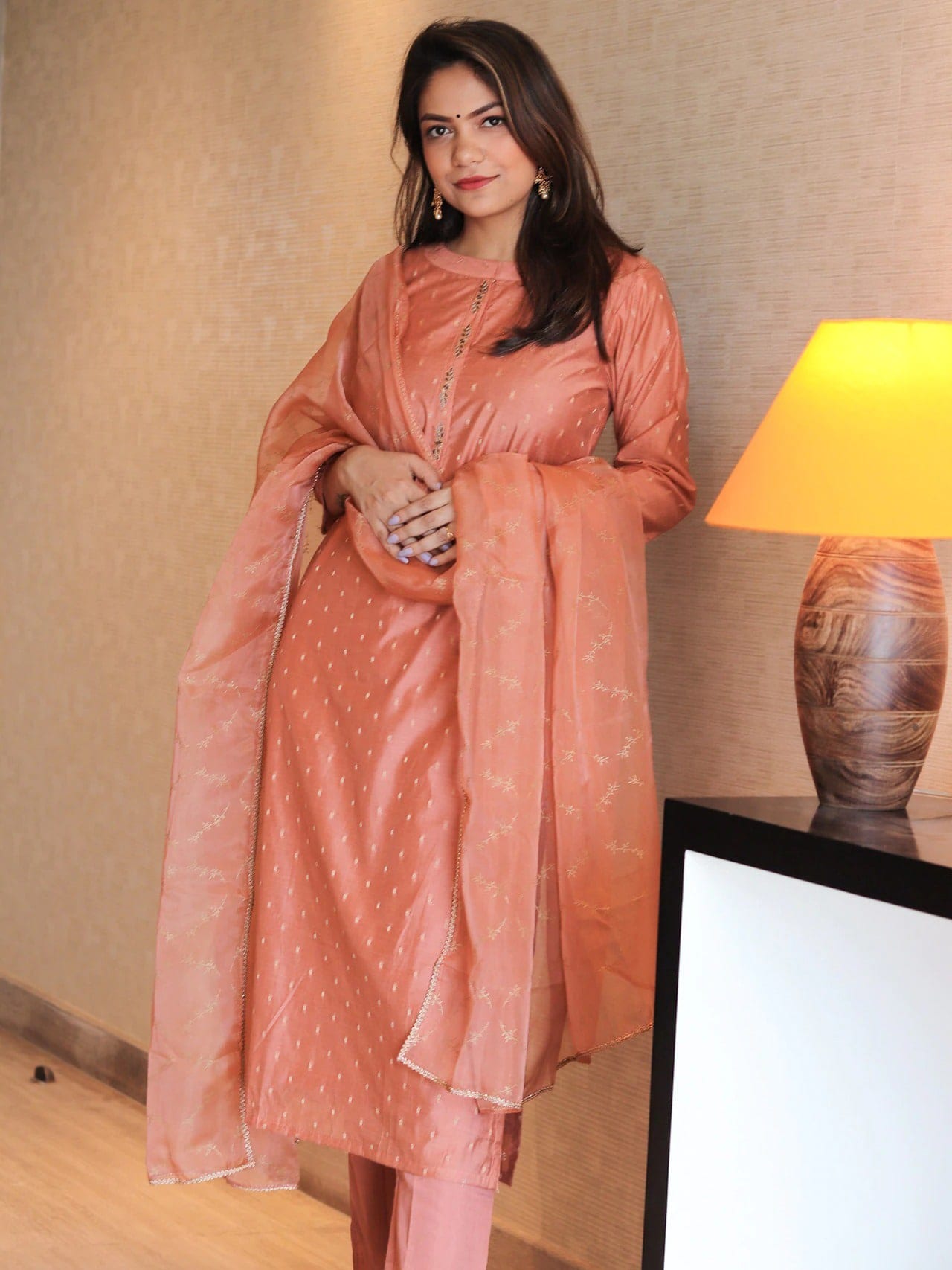 Janasya Women Peach-Coloured Self Design Kurta with Trousers & Dupatta | Grocsy