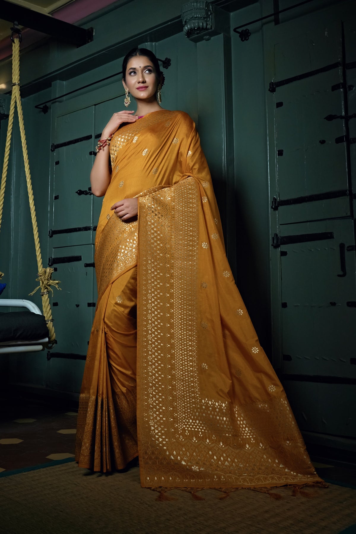 Vardha Mustard Yellow Golden Zari Banarasi Silk Saree | Grocsy