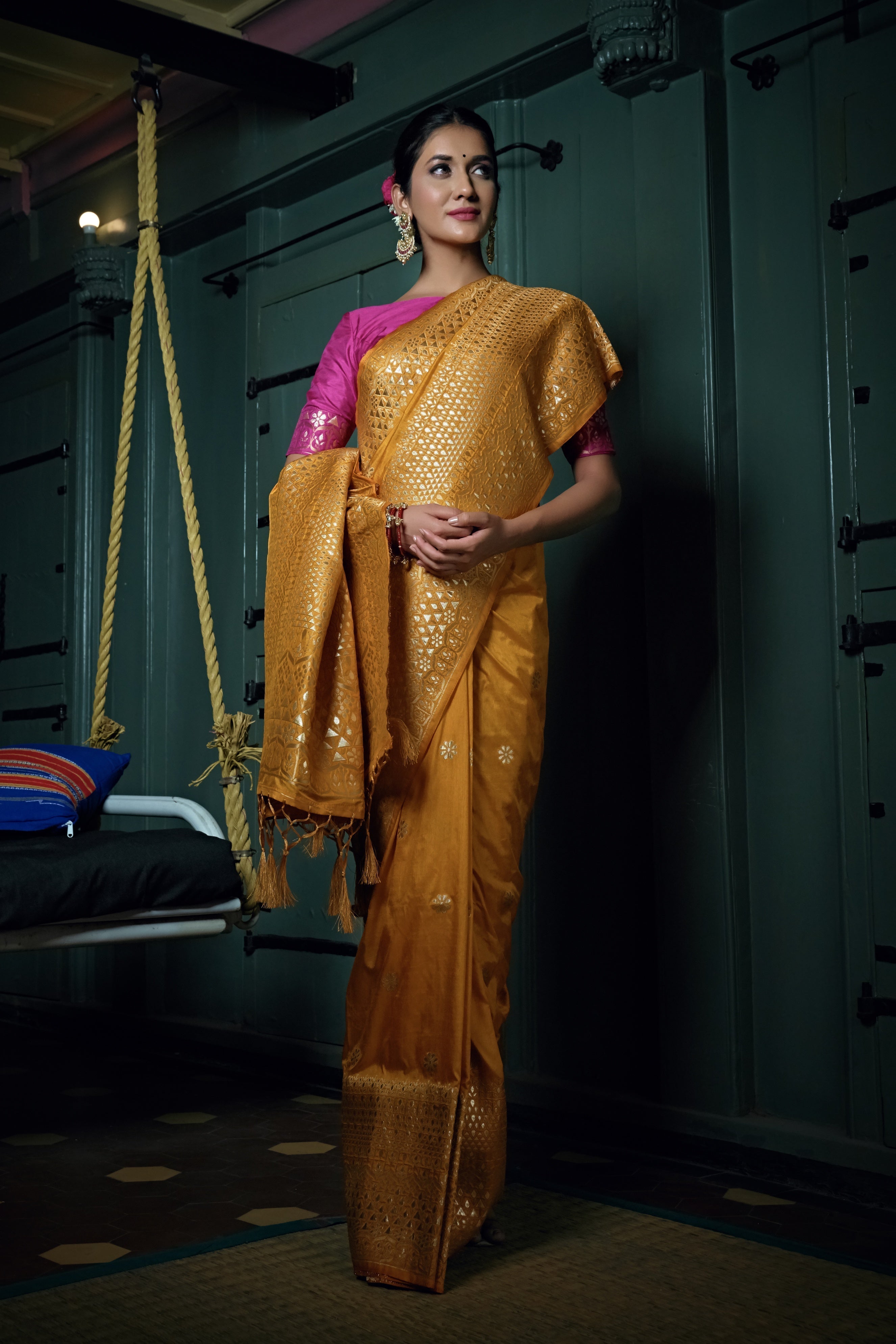 Vardha Mustard Yellow Golden Zari Banarasi Silk Saree | Grocsy