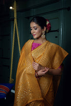 Vardha Mustard Yellow Golden Zari Banarasi Silk Saree | Grocsy