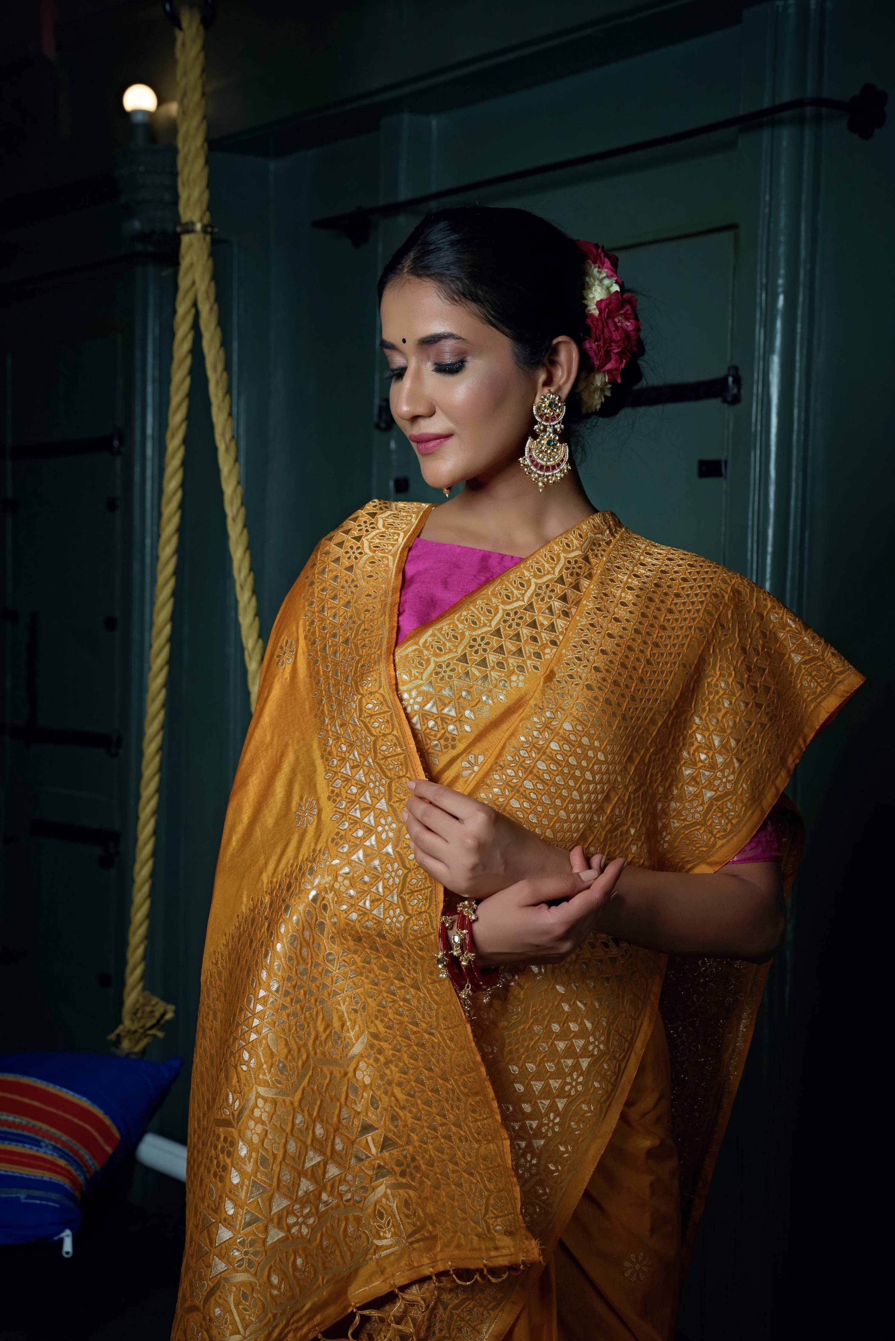 Vardha Mustard Yellow Golden Zari Banarasi Silk Saree | Grocsy