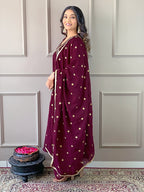 The52 Women's Vichitra Silk Fabric Alia Cut Kurta, Pant and Dupatta Set | Grocsy