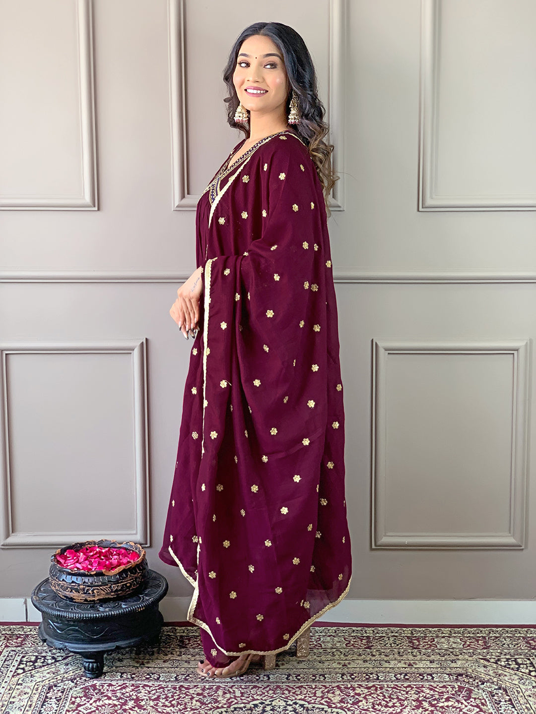 The52 Women's Vichitra Silk Fabric Alia Cut Kurta, Pant and Dupatta Set | Grocsy