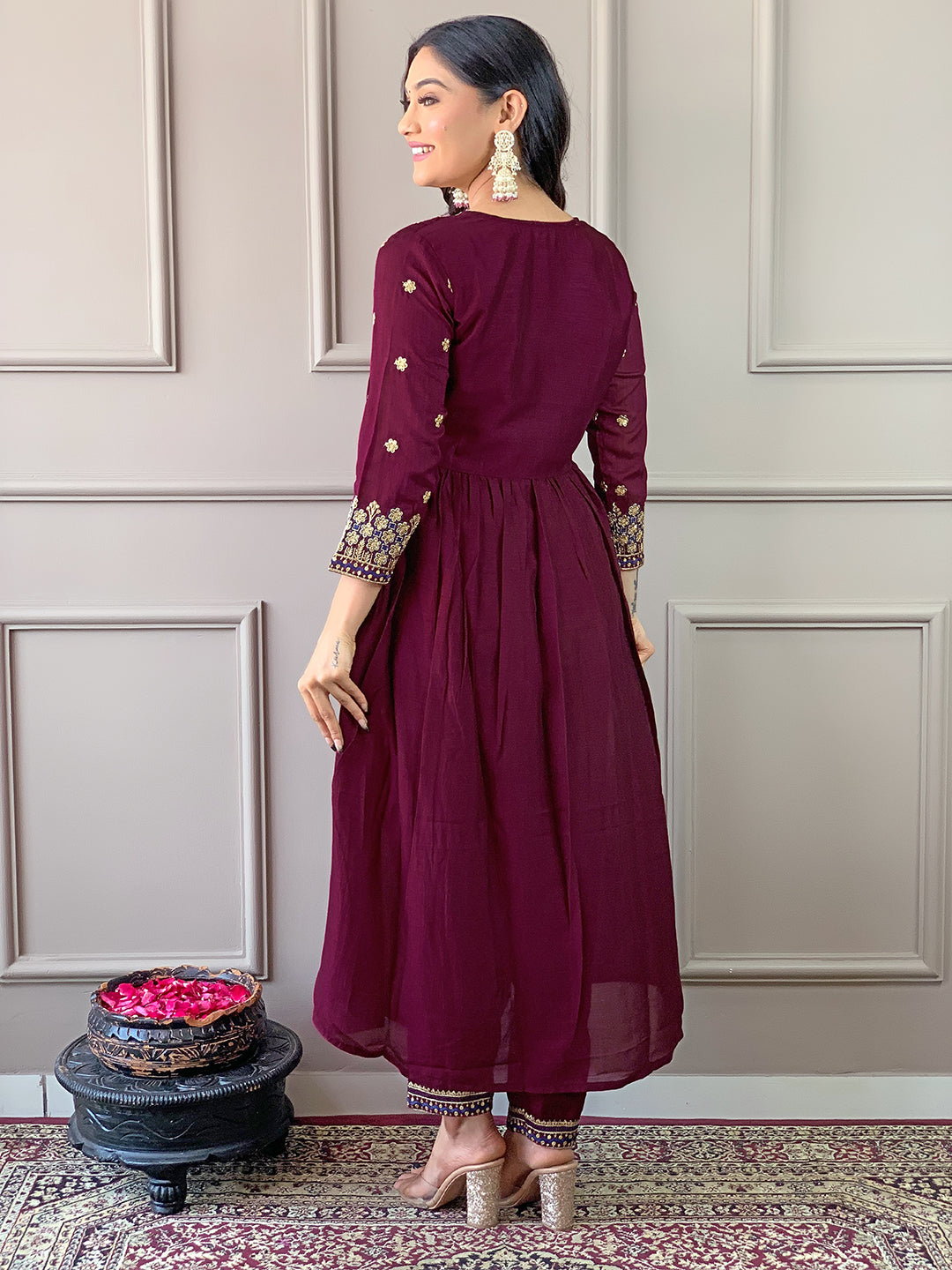 The52 Women's Vichitra Silk Fabric Alia Cut Kurta, Pant and Dupatta Set | Grocsy