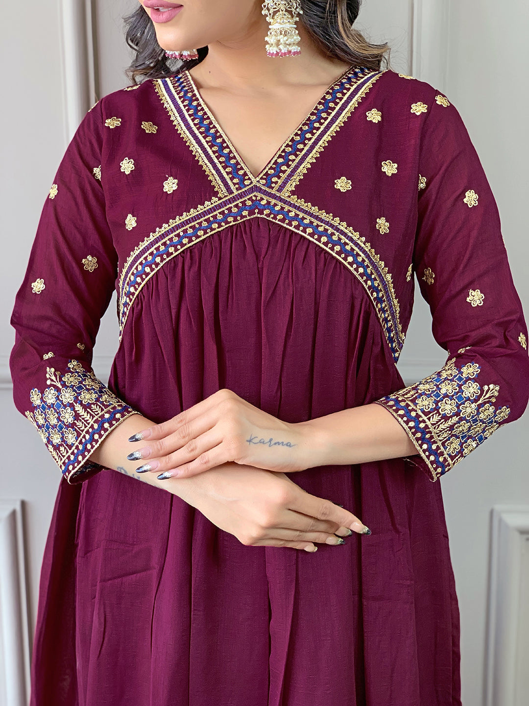 The52 Women's Vichitra Silk Fabric Alia Cut Kurta, Pant and Dupatta Set | Grocsy